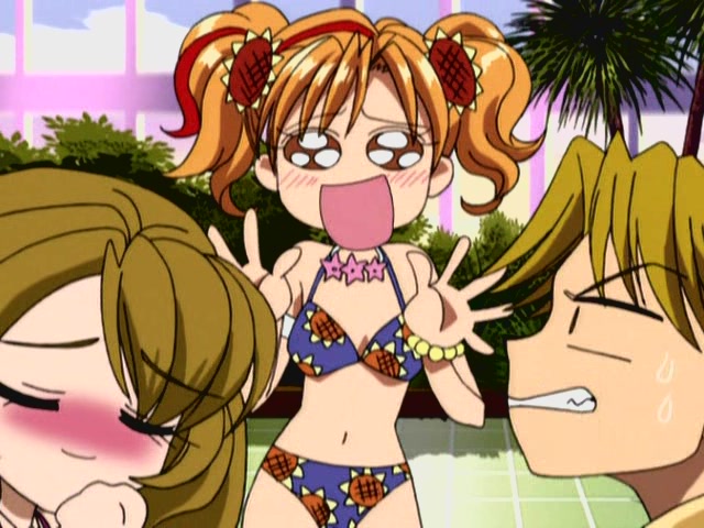 angry, asou_yuuya, bikini, blush, cap, closed_eyes, flower, gals!