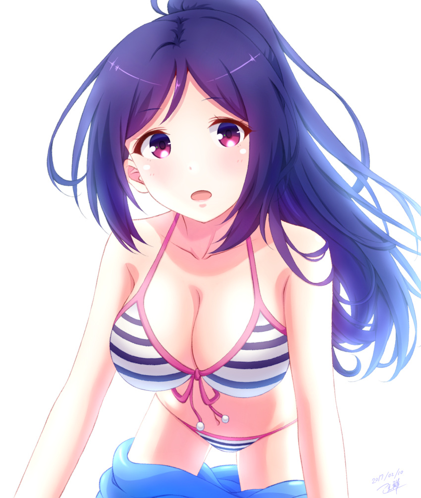 1girl, :o, bikini, birthday, blue_hair, breasts, cleavage, dated