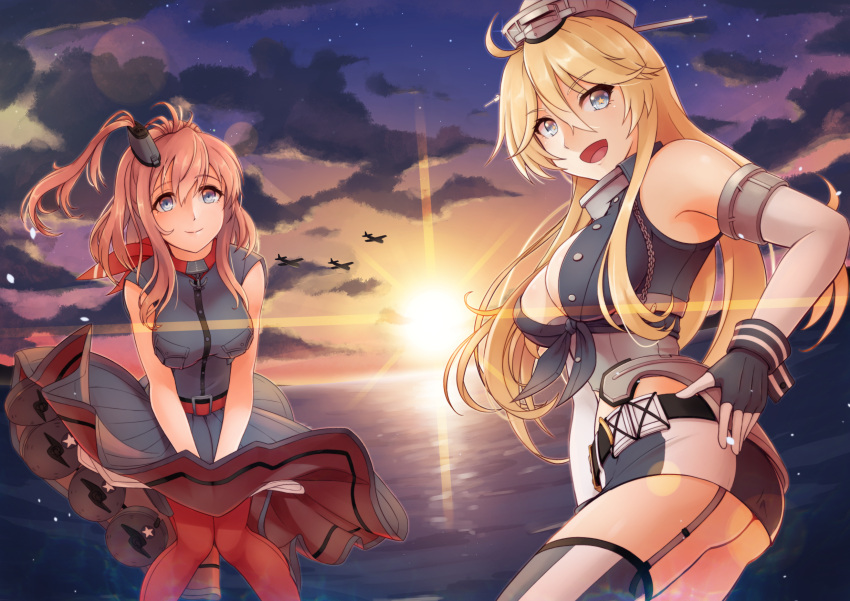 2girls, highres, iowa_(kantai_collection), kantai_collection, multiple_girls, ocean, pokke_(pokke-chan), saratoga_(kantai_collection)