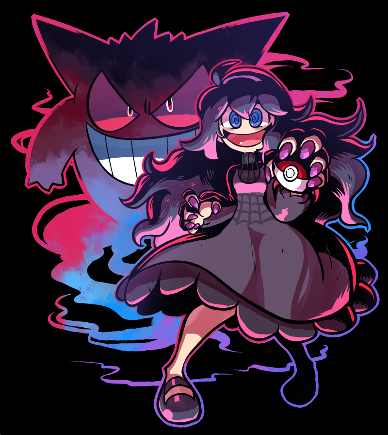 1girl, @_@, aura, black_background, dark_aura, dress, gengar, hex_maniac_(pokemon)
