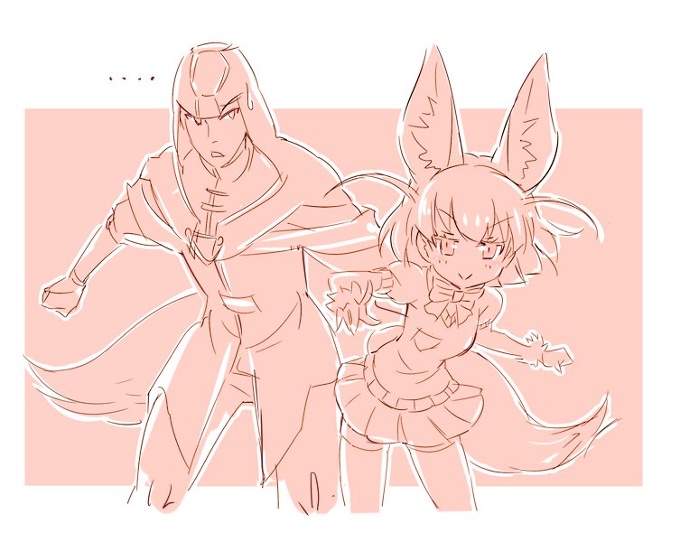 1boy, 1girl, animal_ears, commentary, corsac_albain, fennec_(kemono_friends), iesupa, kemono_friends, namesake, rwby, sweatdrop, tail