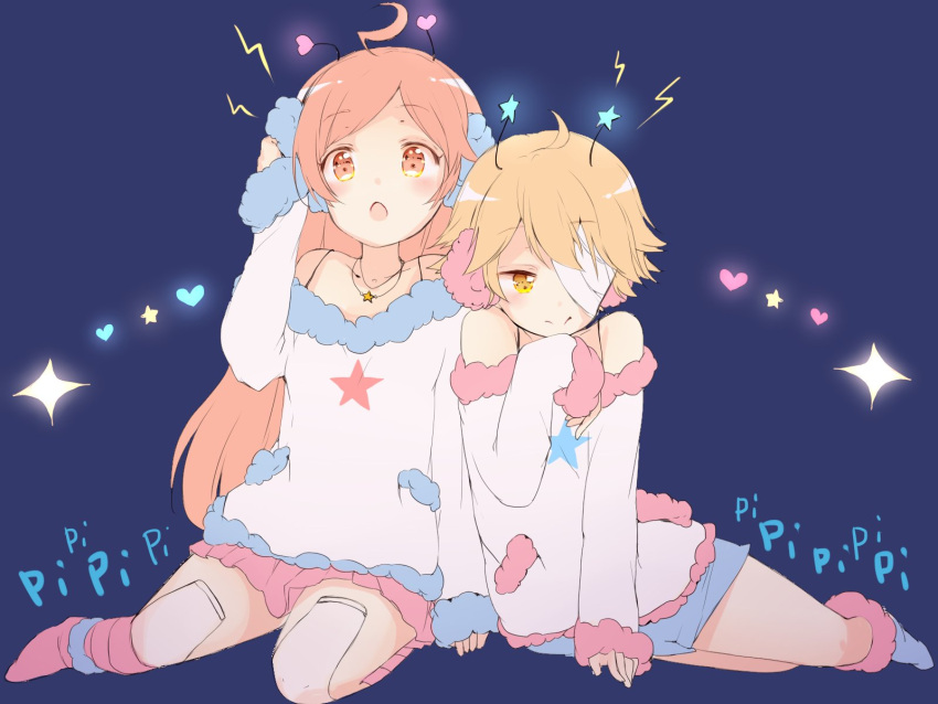 1boy, 1girl, :o, ahoge, antennae, bandage_over_one_eye, bare_shoulders, blonde_hair