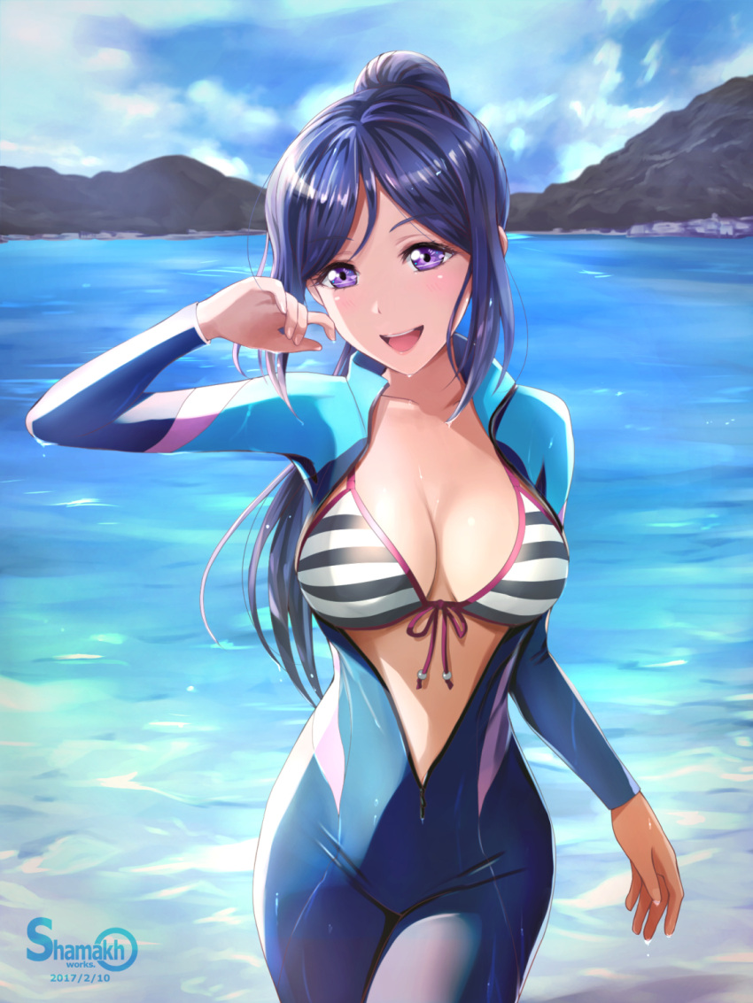 1girl, 2017, :d, arm_at_side, arm_up, artist_name, bikini, bikini_top