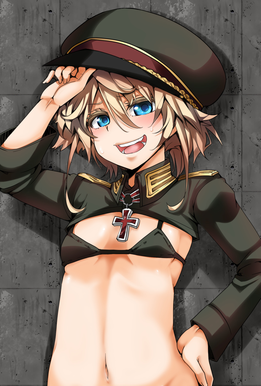 1girl, bikini, bikini_top, black_bikini, blonde_hair, blue_eyes, flat_chest, hal_(goshujinomocha)
