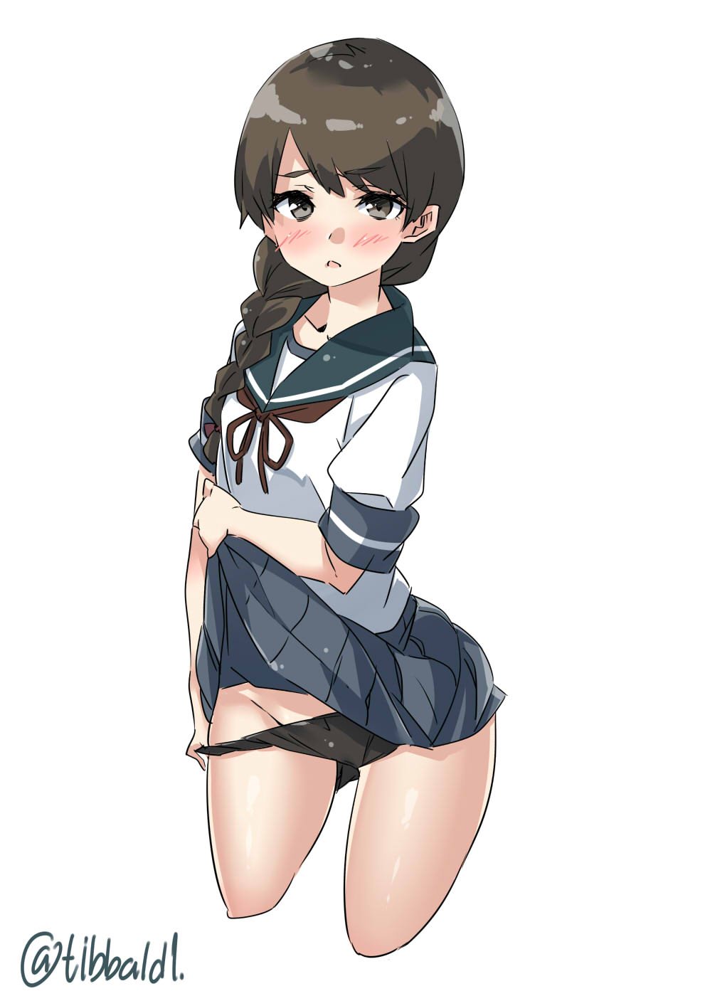1girl, bangs, black_panties, blue_skirt, blush, bow, braid, brown_eyes