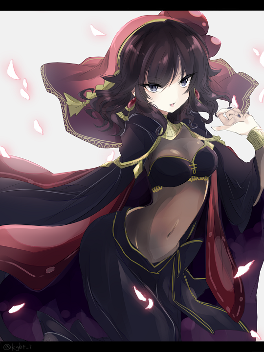 1girl, arabian_clothes, bandeau, bangs, black_border, black_hair, border, bracelet