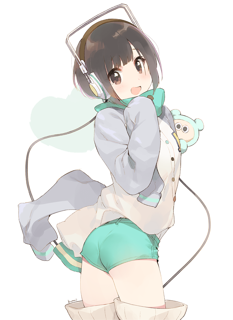 1girl, :d, aqua_shorts, ass, black_hair, blush, breasts, brown_eyes, buttons, cable, clothes_writing, cowboy_shot, eyelashes, fujisawa_machi, hands_in_sleeves, headphones, heart, high_collar, looking_at_viewer, open_mouth, oversized_clothes, raglan_sleeves, shirt, short_hair, short_shorts, shorts, simple_background, sleeves_past_wrists, small_breasts, smile, solo, stuffed_toy, thigh-highs, untucked_shirt, vocaloid, white_background, white_legwear, yumemi_nemu