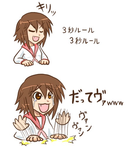 1girl, 2ch, asame_shinbun, brown_hair, closed_eyes, commentary, fang, kusakabe_misao