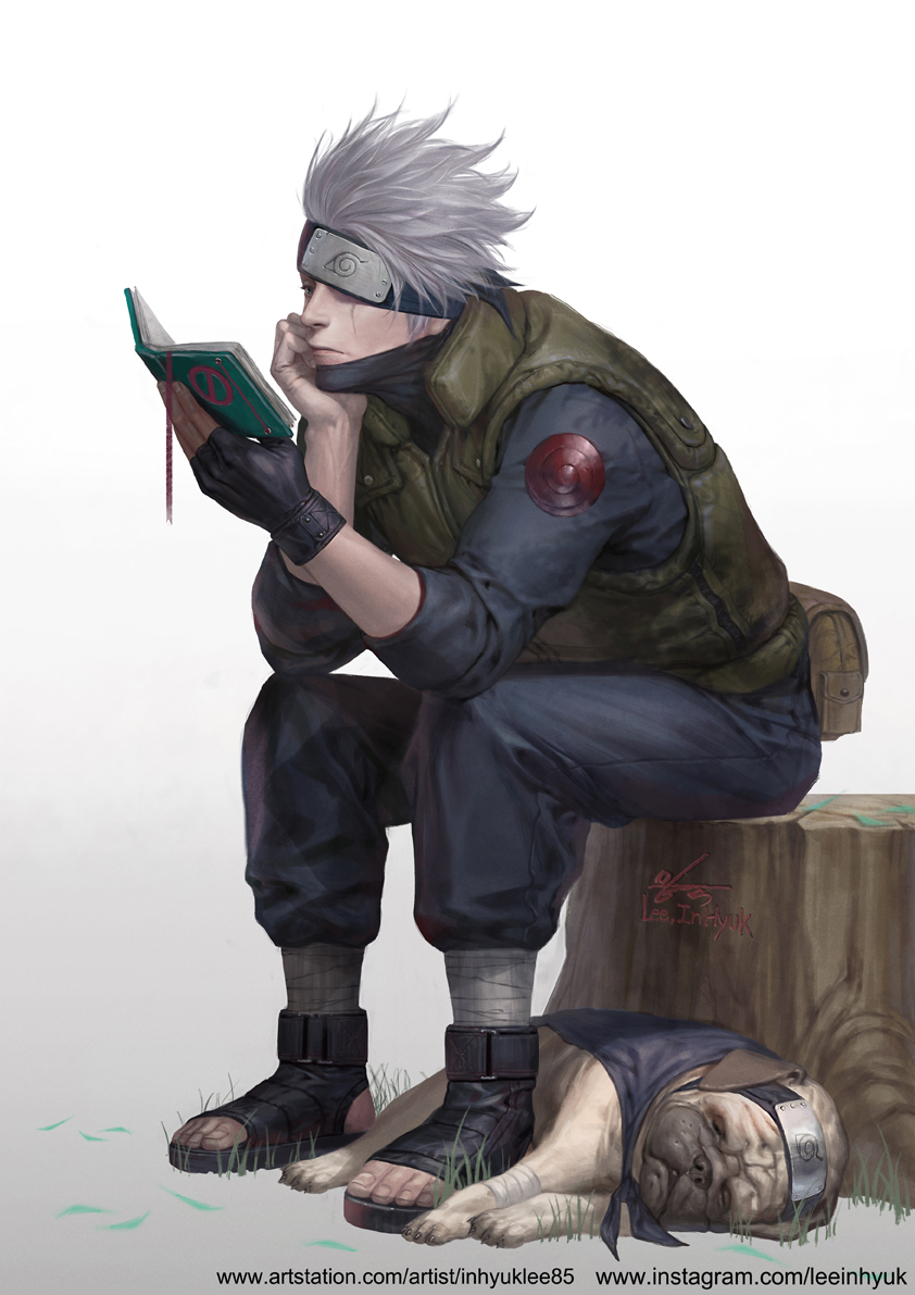 1boy, dog, fingerless_gloves, forehead_protector, gloves, grey_hair, hatake_kakashi, in-hyuk_lee