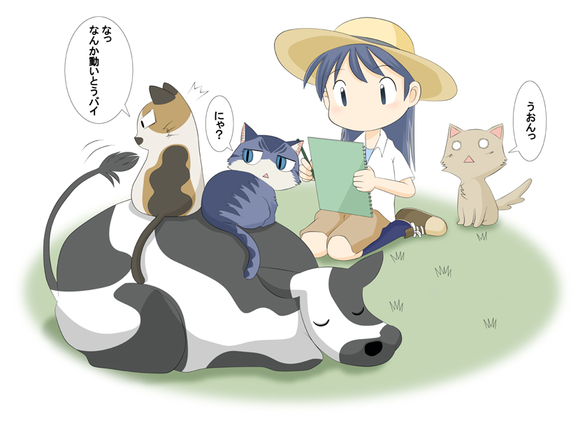 blue_hair, cat, cow, dog, funan, haa-san_(sketchbook_full_colors), hat, inuo, kajiwara_sora, kneehighs, mike_(sketchbook_full_colors), o_o, shorts, sketchbook_full_colors, sketchpad, socks, straw_hat