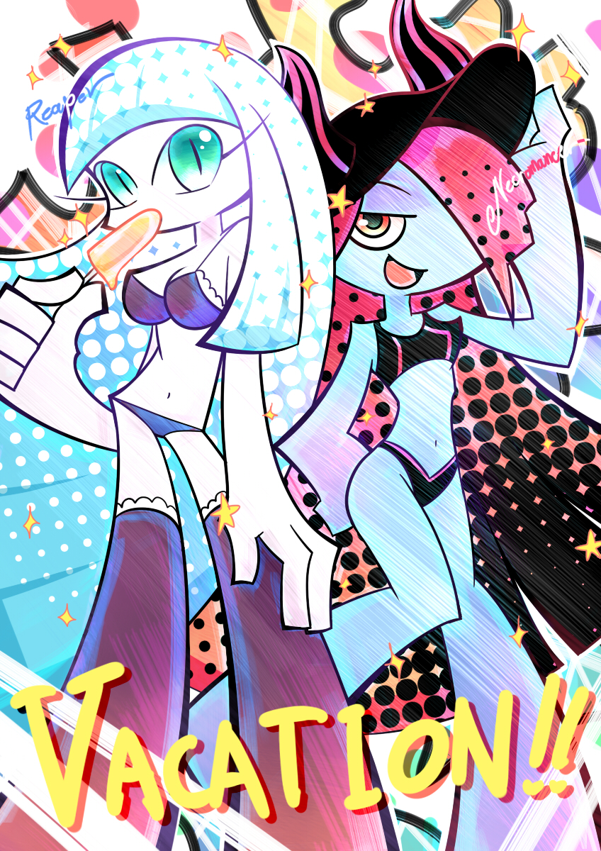 2girls, :d, aqua_eyes, bangs, bikini, black_bikini, black_hat, black_legwear
