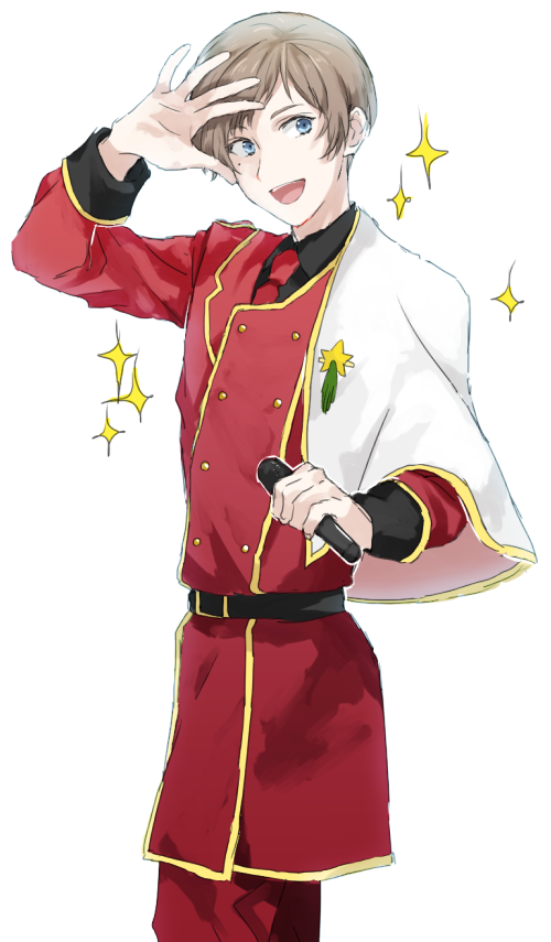1boy, belt, blue_eyes, brown_hair, capelet, double-breasted, holding, idol