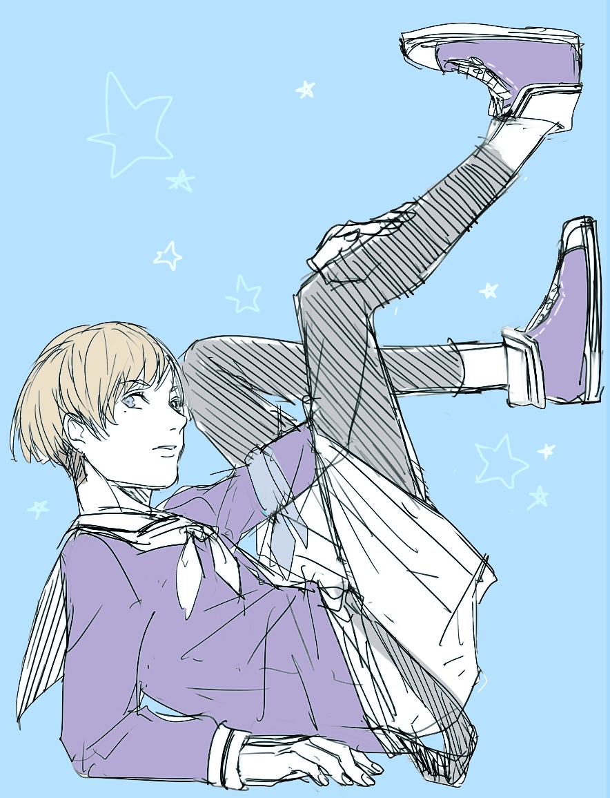 1boy, ascot, blue_background, brown_hair, full_body, idol, leggings, legwear_under_shorts