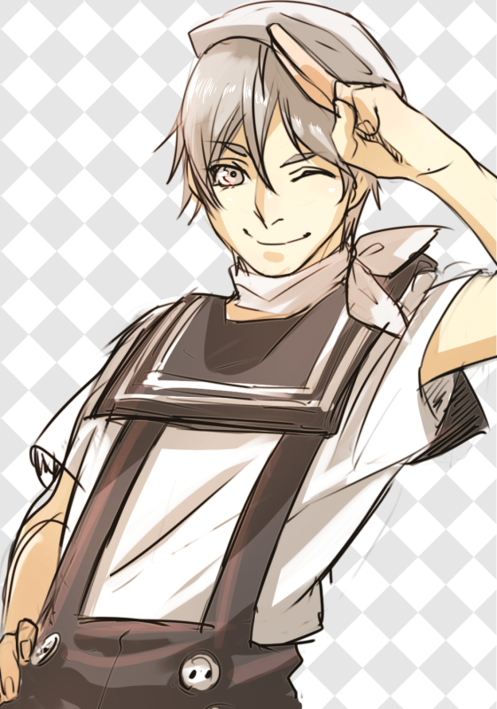 1boy, ;), grey_background, grey_eyes, hand_on_hip, hat, hiiragi_tsuyoto, idol