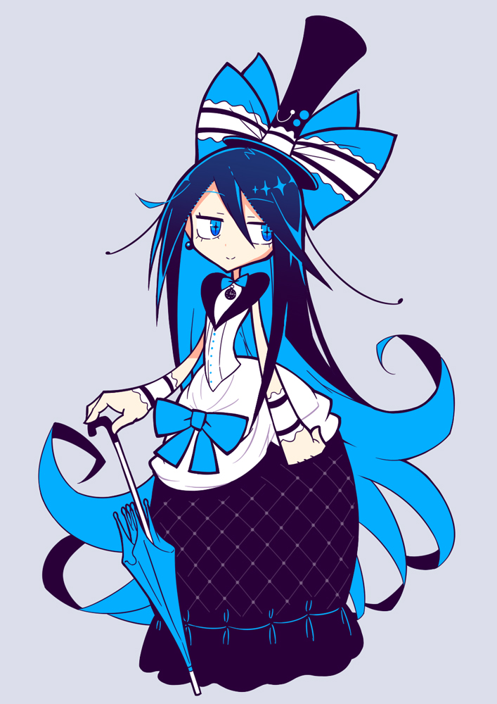 +_+, 1girl, antennae, bangs, black_skirt, blue_bow, blue_eyes, blue_hair, blue_umbrella, bow, bowtie, buttons, clock, closed_mouth, closed_umbrella, earrings, eyebrows_visible_through_hair, full_body, hair_between_eyes, hat, hat_bow, holding, holding_umbrella, jewelry, lasy, long_hair, long_skirt, original, shirt, silver_background, simple_background, skirt, sleeveless, sleeveless_shirt, smile, solo, symbol-shaped_pupils, top_hat, umbrella, very_long_hair, white_shirt, wristband