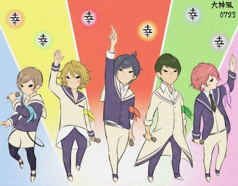 5boys, amagi_ikuma, arm_up, armband, bangs, black_necktie, blue_hair, blush_stickers