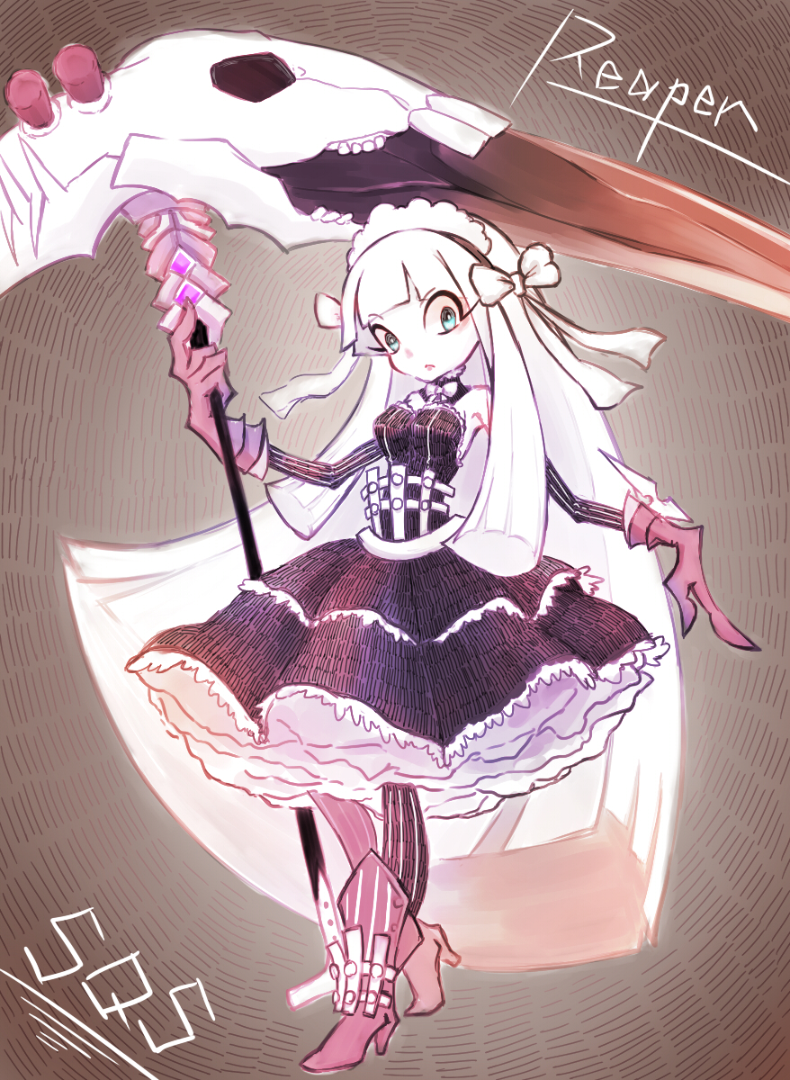 1girl, bangs, black_dress, black_legwear, blue_eyes, blunt_bangs, boots, bow, bowtie, breasts, bright_pupils, character_name, copyright_name, detached_collar, detached_sleeves, dress, eyes_visible_through_hair, frilled_dress, frills, full_body, gloves, hair_bow, high_heel_boots, high_heels, highres, holding, holding_weapon, huge_weapon, lasy, legs_crossed, long_hair, long_sleeves, maid, medium_breasts, petticoat, purple_boots, purple_gloves, reaper_(sekaiju), scythe, sekaiju_no_meikyuu, sekaiju_no_meikyuu_5, skull, solo, standing, striped, striped_legwear, vertical-striped_legwear, vertical_stripes, very_long_hair, watson_cross, weapon, white_bow, white_hair, white_skin