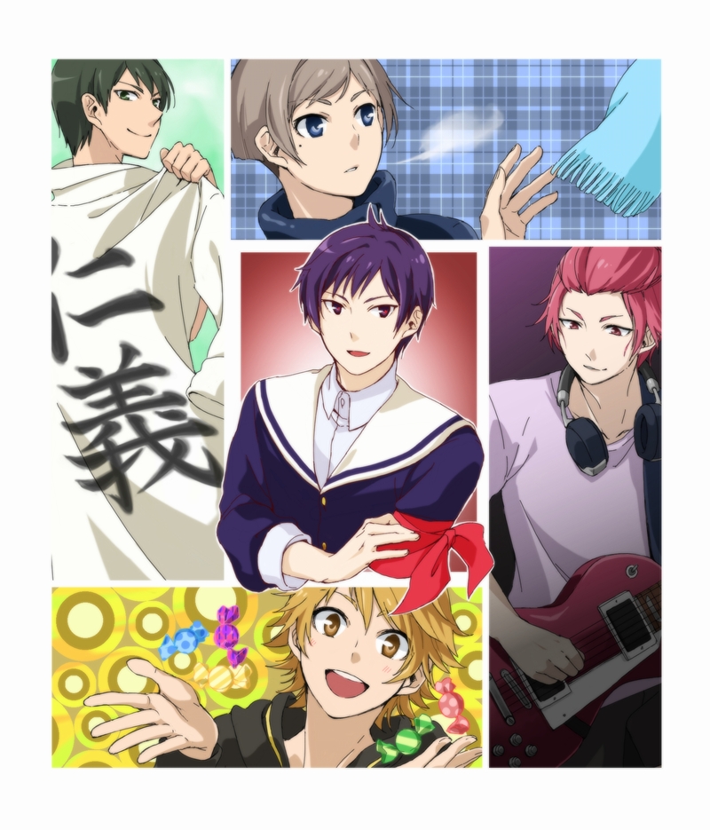 5boys, amagi_ikuma, armband, bangs_pinned_back, blue_eyes, blush, breath, brown_eyes