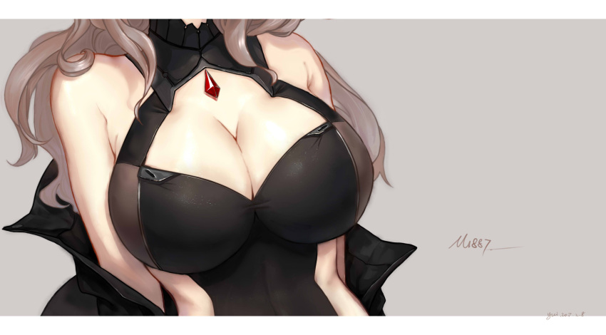1girl, absurdres, bare_shoulders, breasts, brown_hair, character_name, cleavage, cleavage_cutout, girls_frontline, highres, jacket, large_breasts, long_hair, m1887_(girls_frontline), 柚井