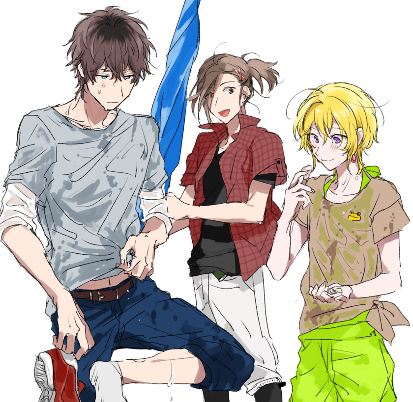 3boys, alternate_hair_color, beit, belt, blonde_hair, blue_eyes, brown_hair, denim