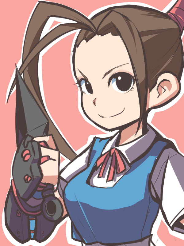 1girl, antenna_hair, breasts, brown_eyes, brown_hair, fingerless_gloves, gloves, ibuki_(street_fighter), kunai, large_breasts, long_hair, mr_kunimitsu, ponytail, school_uniform, solo, street_fighter, weapon