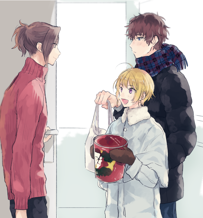 3boys, alternate_hair_color, beit, blonde_hair, brown_eyes, brown_hair, coat, holding