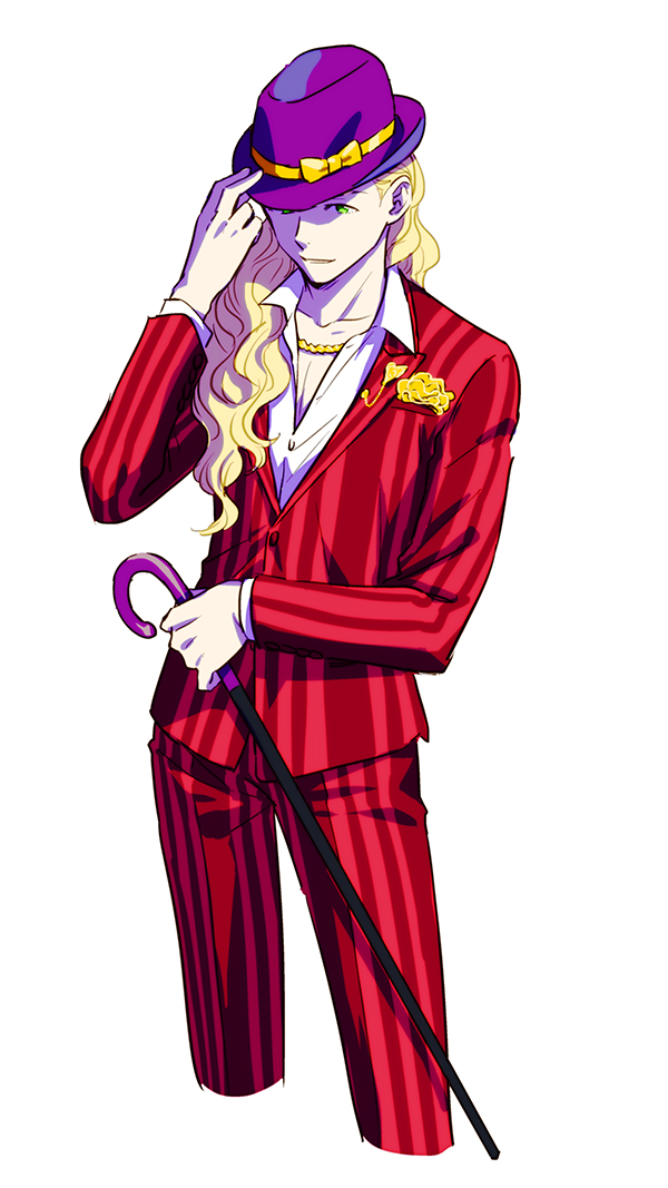 1boy, adjusting_clothes, adjusting_hat, alternate_costume, blonde_hair, cane, chains, formal, gold_chain, green_eyes, hanamura_shouma, hat, idolmaster, idolmaster_side-m, long_hair, looking_at_viewer, parted_lips, pinstripe_pattern, solo, suit, white_background, youhe_hino