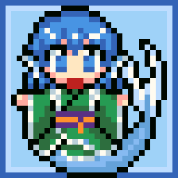 1girl, blue_eyes, blue_hair, eruru_(erl), head_fins, japanese_clothes, kimono, lowres