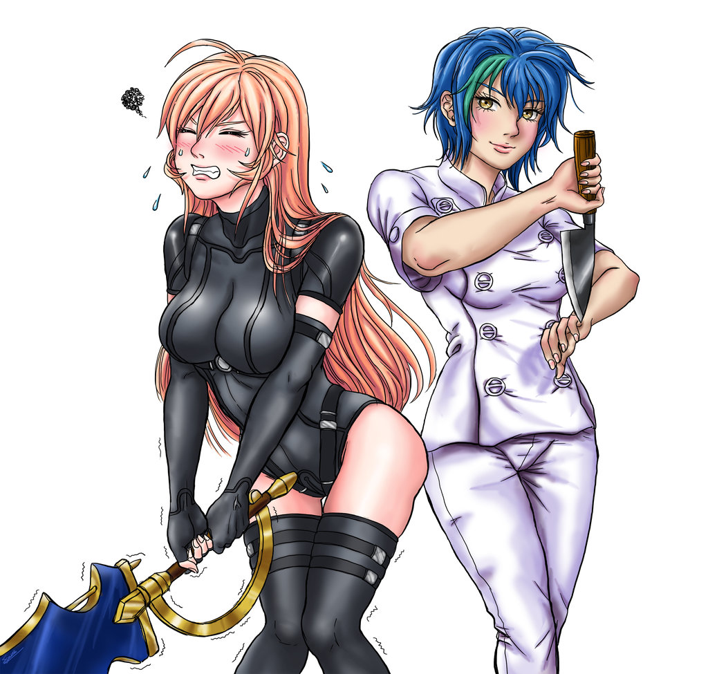 2girls, black_legwear, blonde_hair, blue_hair, blush, breasts, chef_uniform, cleavage