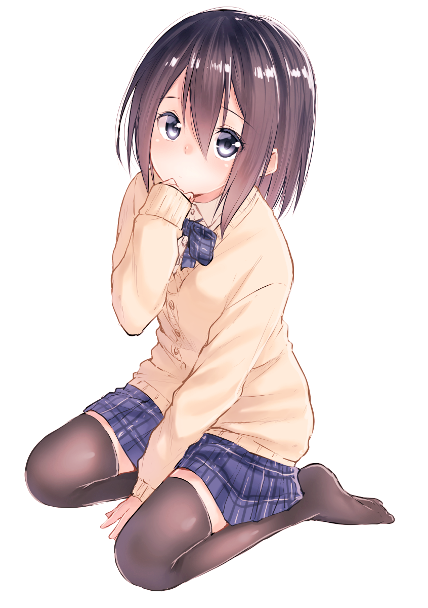 1girl, bangs, between_legs, black_hair, black_legwear, blue_bow, blue_bowtie, blue_eyes