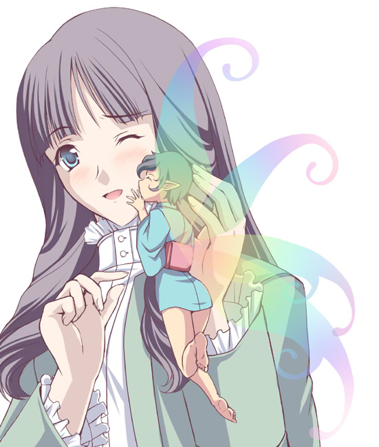 barefoot, black_hair, blush, devil_summoner, fairy, grey_hair, high_pixie, japanese_clothes