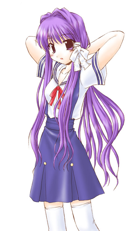 1girl, 2004, :o, arms_behind_head, bangs, blue_skirt, clannad, fujibayashi_kyou