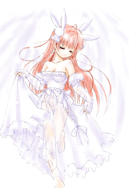 1girl, bare_shoulders, bridal_gauntlets, bunny_hair_ornament, closed_eyes, dress, fingerless_gloves, gloves
