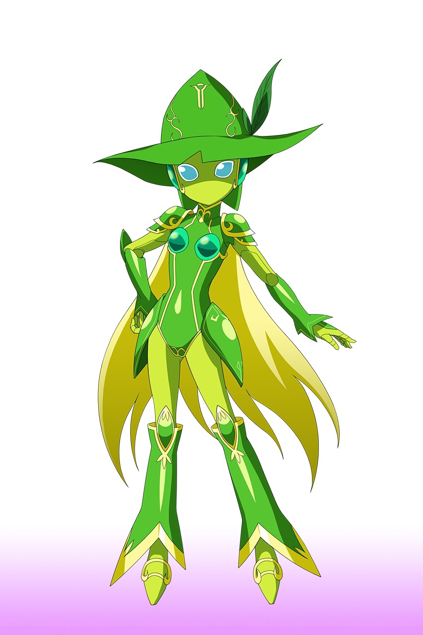 1girl, accel_world, blue_eyes, full_body, green_hat, hand_on_hip, hat, highres, lime_bell, looking_at_viewer, official_art, solo, spaulders, sun_hat