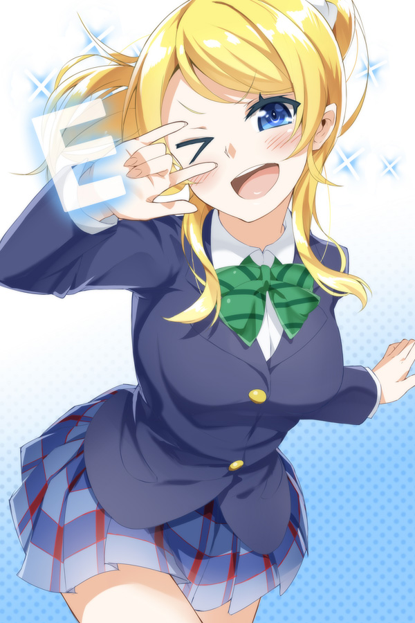 >;d, 1girl, ;d, \m/, ayase_eli, blazer, blonde_hair, blue_eyes