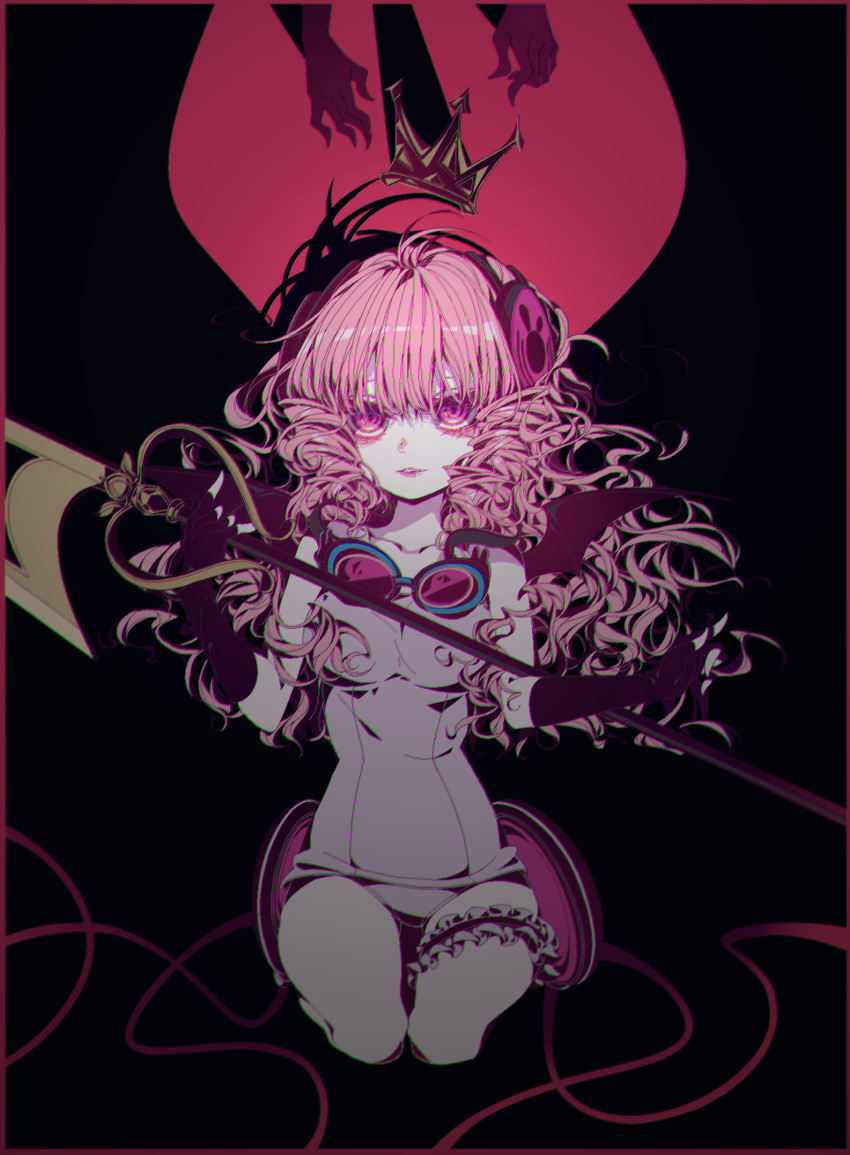 bare_shoulders, bat_wings, crown, distortion, drill_hair, fingerless_gloves, gloves, goggles
