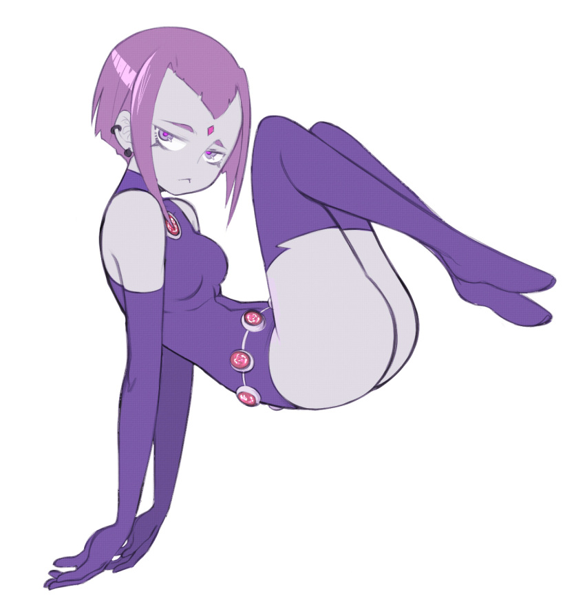 1girl, :<, boogy_(mnmnjuguna), dc_comics, earrings, elbow_gloves, gloves, grey_skin, highres, jewelry, leotard, looking_at_viewer, purple_gloves, purple_hair, purple_legwear, raven_(dc), solo, teen_titans, thigh-highs, violet_eyes