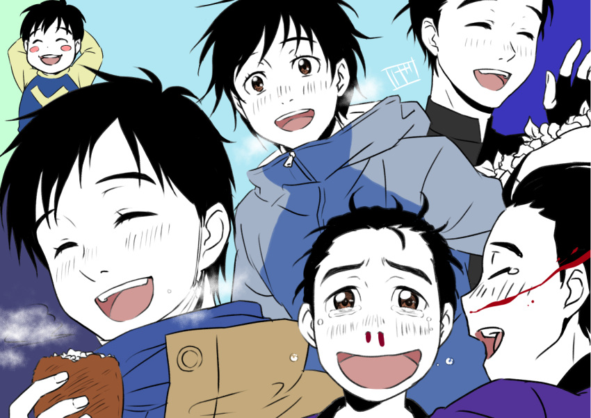 1boy, ^_^, arms_behind_head, black_hair, blood, blush_stickers, brown_eyes, child
