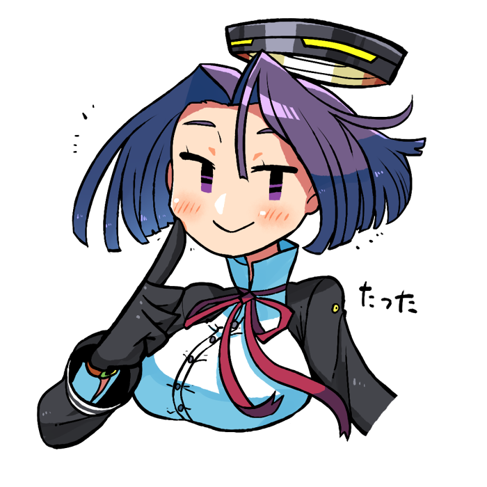 1girl, :>, =), blush, breasts, kantai_collection, large_breasts, mechanical_halo, purple_hair, rariatto_(ganguri), school_uniform, short_hair, smile, solo, tatsuta_(kantai_collection), upper_body, violet_eyes, |_|
