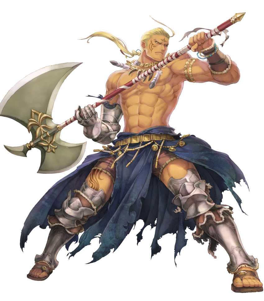 1boy, abs, ahoge, axe, blonde_hair, bracelet, dark_skin, facial_tattoo, feathers, fire_emblem, fire_emblem:_rekka_no_ken, fire_emblem_heroes, full_body, gloves, haccan, hawkeye_(fire_emblem), highres, jewelry, long_hair, low_ponytail, male_focus, muscle, necklace, official_art, orange_eyes, ponytail, sandals, shirtless, solo, tattoo, transparent_background, weapon