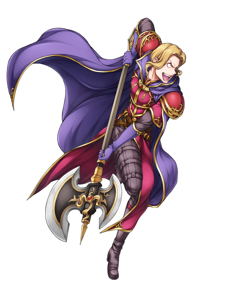 1boy, armor, axe, blonde_hair, boots, cape, fire_emblem, fire_emblem:_fuuin_no_tsurugi