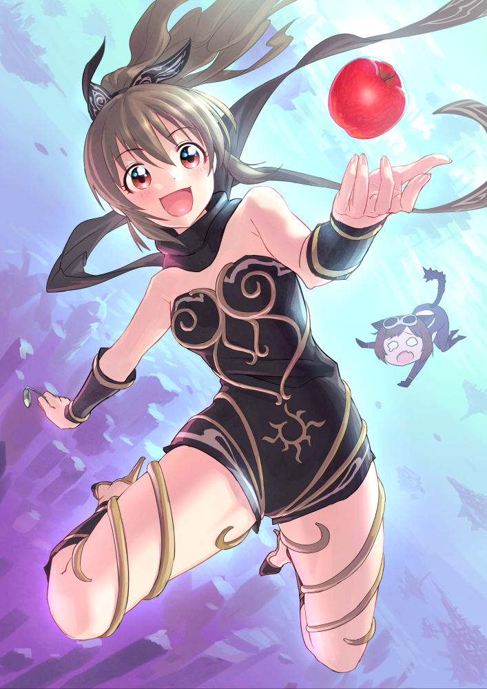 2girls, adapted_costume, animal_ears, apple, black_gloves, black_scarf, blush, brown_eyes