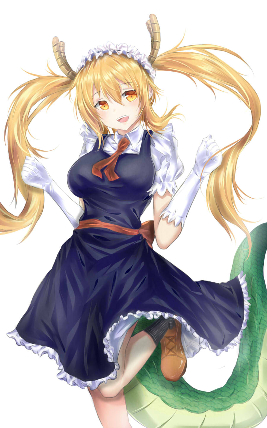 1girl, alternate_hairstyle, black_dress, black_legwear, blonde_hair, breasts, brown_shoes, collared_shirt