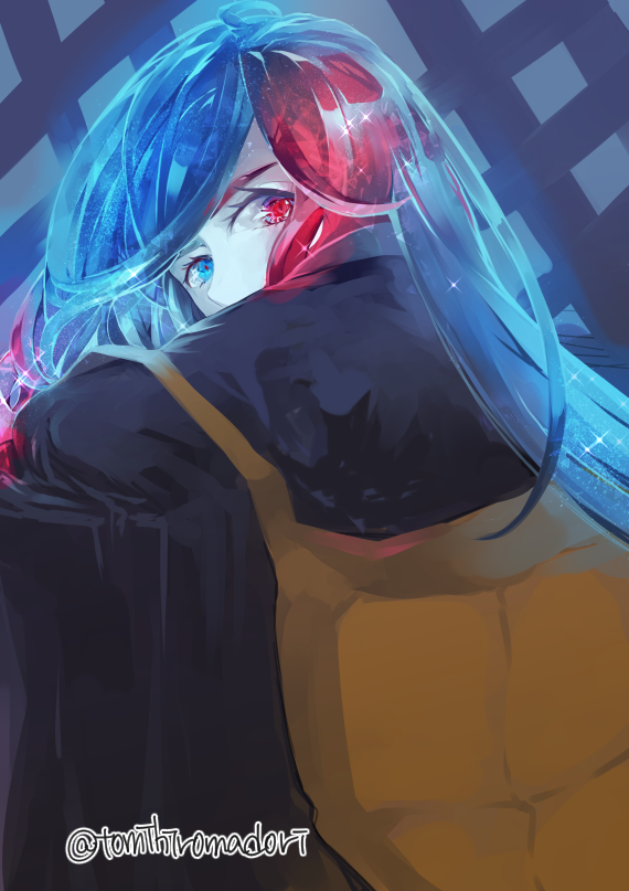 alexandrite_(houseki_no_kuni), androgynous, back, blue_eyes, blue_hair, cosplay, covered_mouth, eyelashes