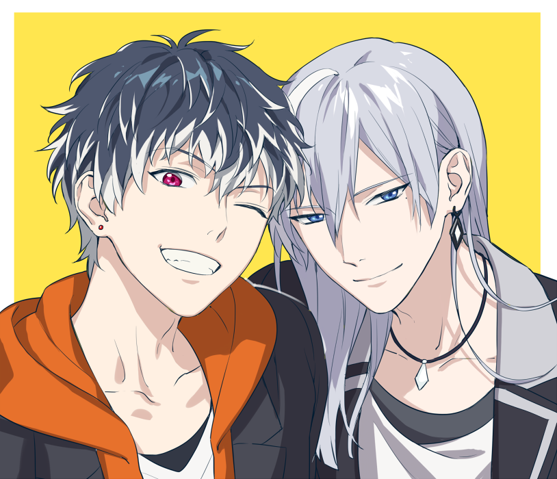 2boys, ;), black_hair, blue_eyes, blue_hair, closed_mouth, earrings, grin