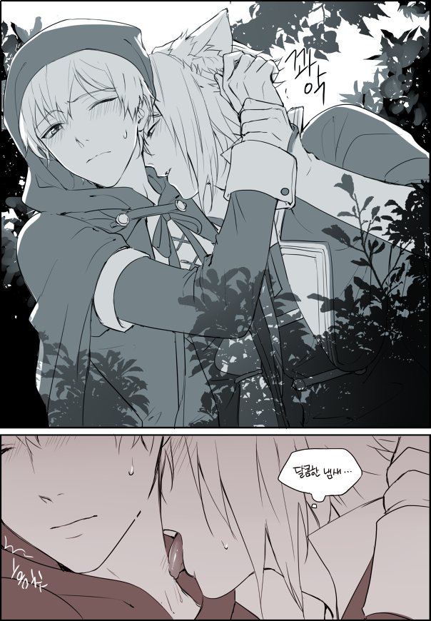 2boys, arm_grab, big_bad_wolf, big_bad_wolf_(cosplay), blush, cloak, closed_eyes, cosplay, european_clothes, hood, idolish_7, kemonomimi_mode, korean, licking, little_red_riding_hood, little_red_riding_hood_(cosplay), little_red_riding_hood_(grimm), male_focus, multiple_boys, neck, one_eye_closed, open_mouth, osaka_sougo, palru_s2, parted_lips, sweat, trembling, yaoi, yotsuba_tamaki