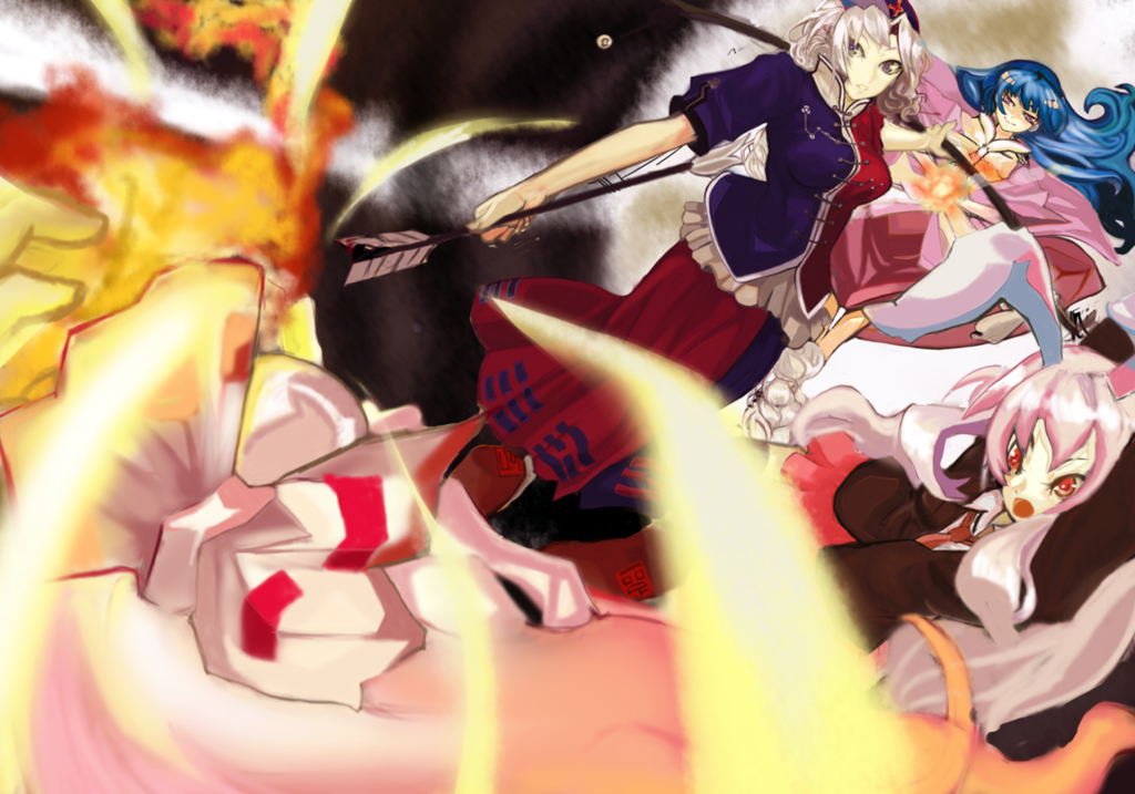 animal_ears, battle, blurry, bow_(weapon), bunny_ears, depth_of_field, dutch_angle, egawa_rui