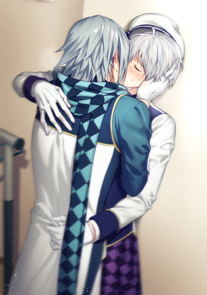 2boys, arm_around_shoulder, blur, blush, closed_eyes, gloves, grey_hair, hand_on_another's_cheek