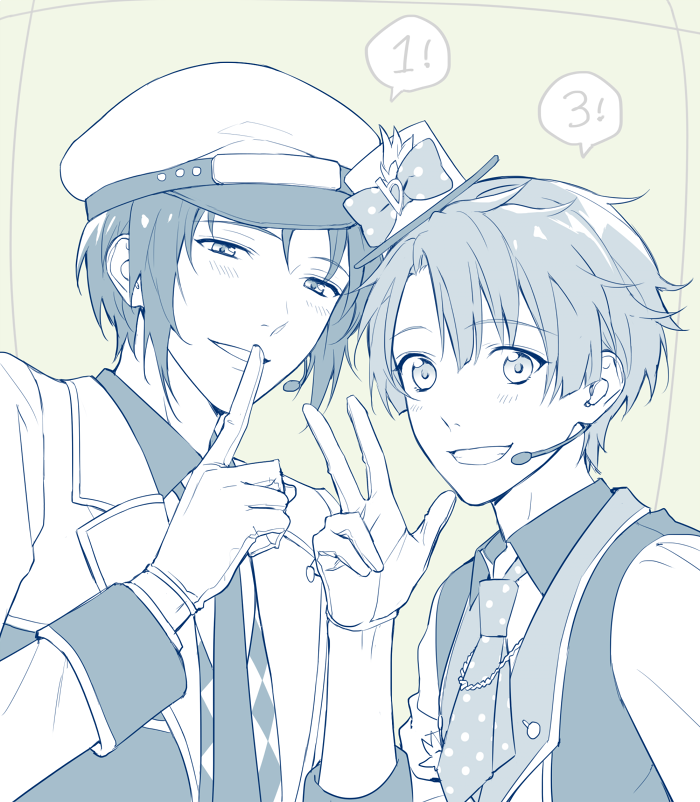 2boys, blue_background, blush, brothers, finger_to_mouth, flat_sign, gloves, grin