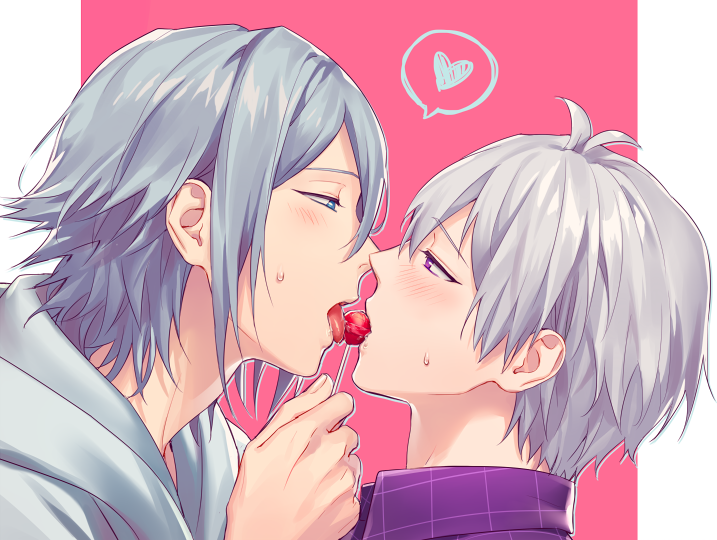 2boys, blue_hair, blush, candy, eye_contact, food, half-closed_eyes, heart, hood, idolish_7, licking, lollipop, looking_at_another, male_focus, multiple_boys, osaka_sougo, palru_s2, pink_background, saliva, sexually_suggestive, silver_hair, simple_background, sweat, tongue, tongue_out, upper_body, yaoi, yotsuba_tamaki